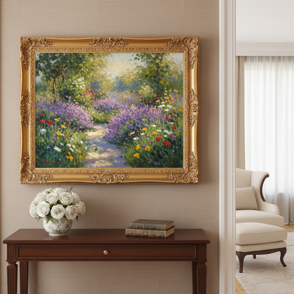 Impressionist garden painting in an ornate gold frame in an elegant living room