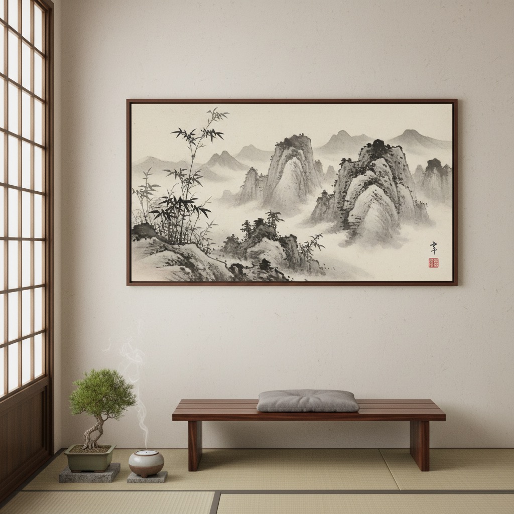 Japanese ink wash painting of misty mountains and bamboo in a zen meditation room