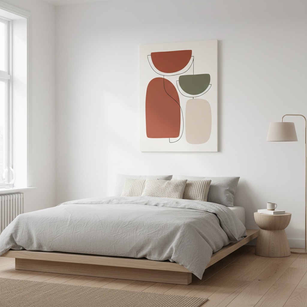 Minimalist artwork with simple shapes above a bed in a serene Scandinavian bedroom