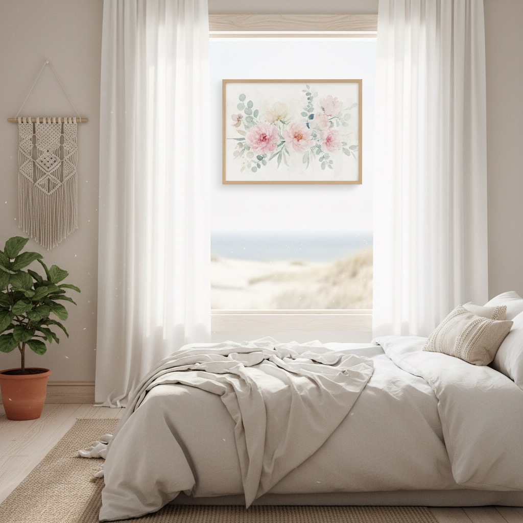 Soft watercolor floral painting in a light frame in a bright coastal bedroom