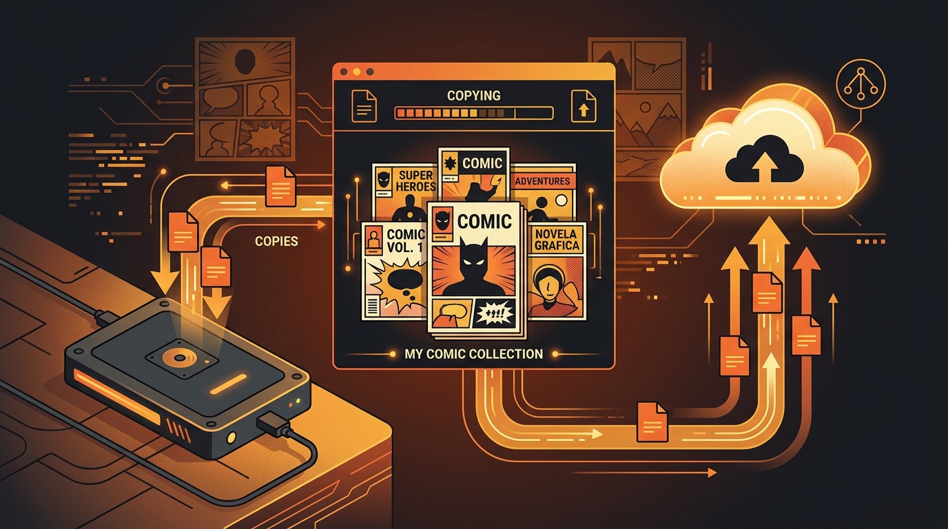 External hard drive connected to a laptop with comic covers displayed on screen