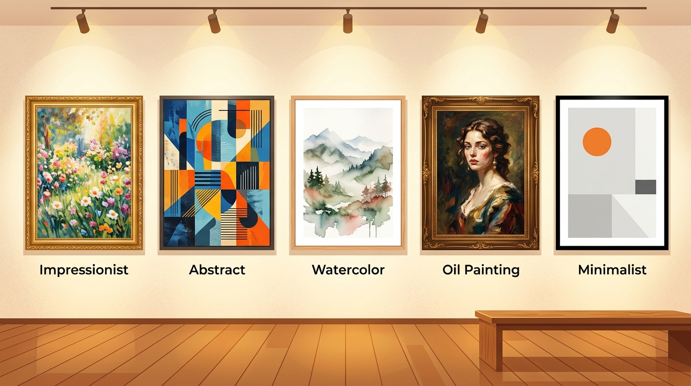 Different AI painting styles displayed on a gallery wall