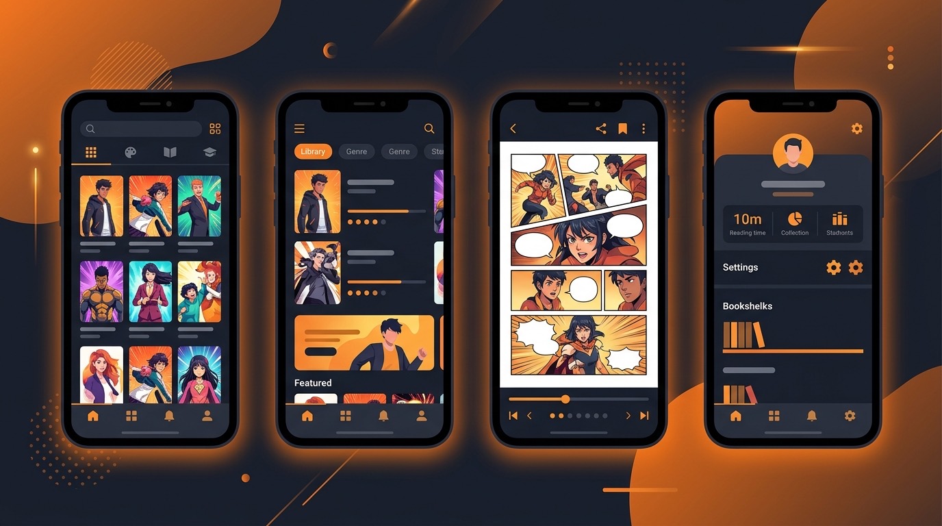 Five comic reader apps compared on iPhone and iPad screens