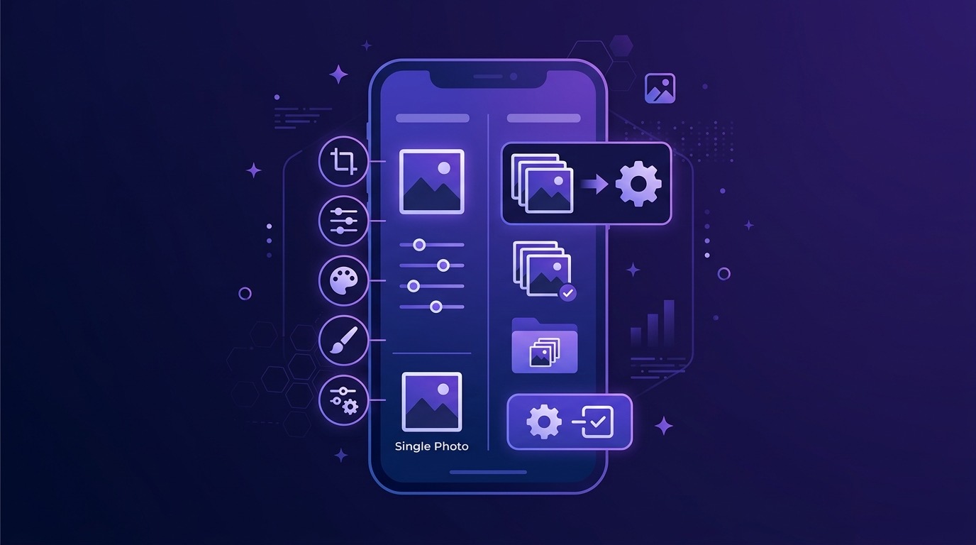 Batch photo editing apps compared on iPhone showing bulk processing features