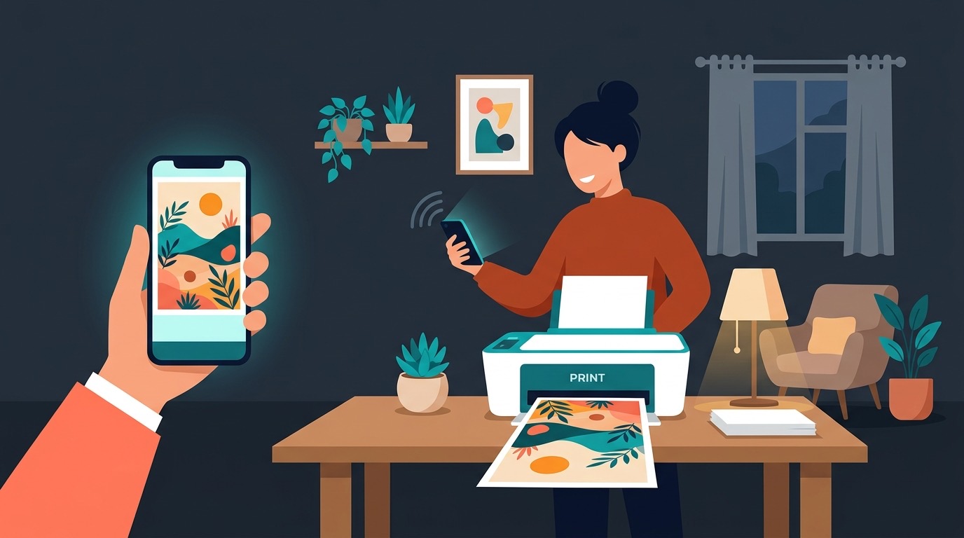 Person printing art from their phone at home