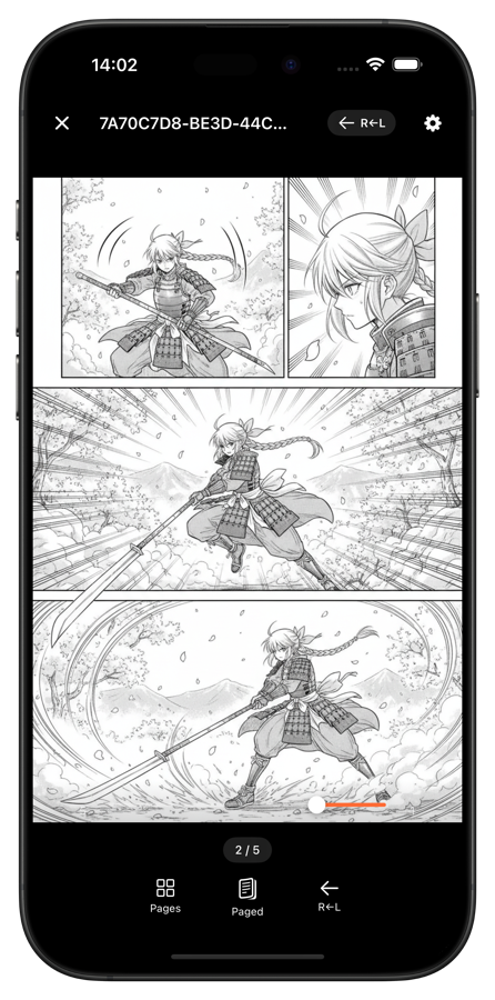 ComicFlow displaying manga in right-to-left reading mode with R+L indicator