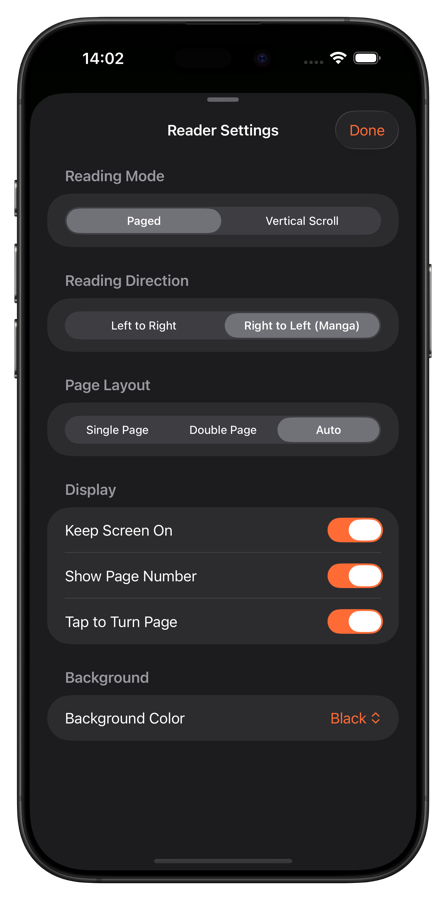 ComicFlow reader settings showing Reading Direction set to Right to Left (Manga)