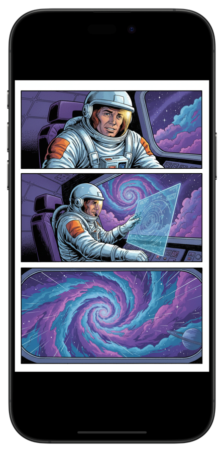 ComicFlow comic reader displaying a sci-fi comic on iPhone