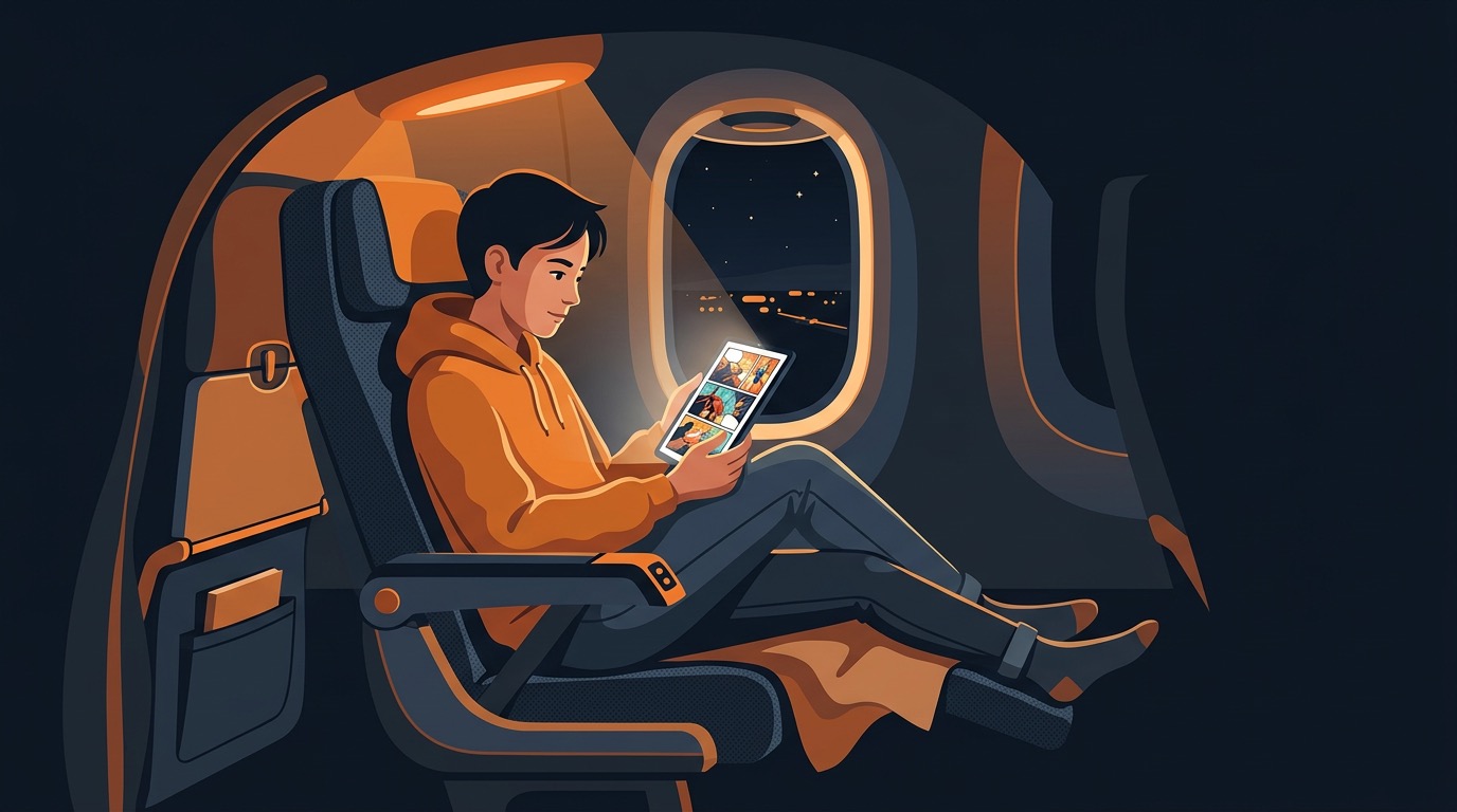 Person reading comics on a tablet while on an airplane