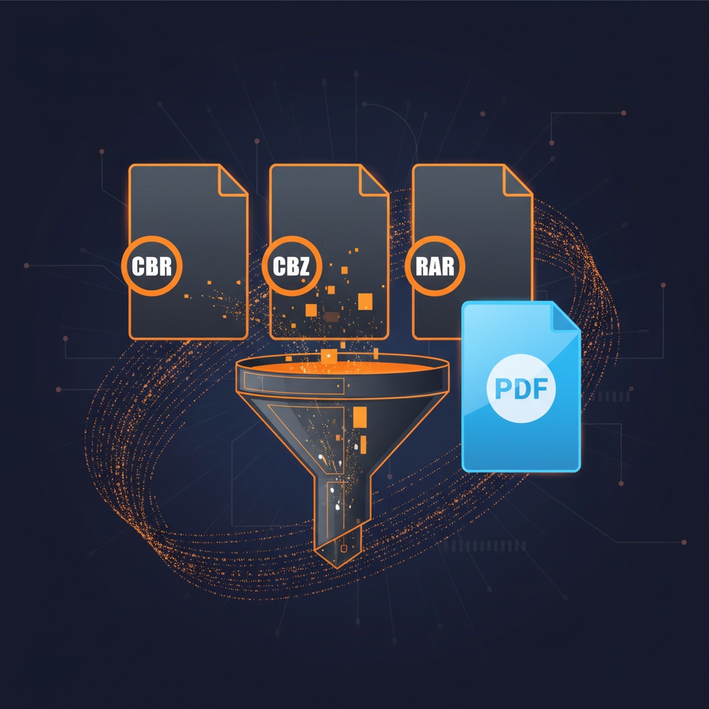 Comic file formats CBR CBZ RAR flowing through a conversion funnel to PDF
