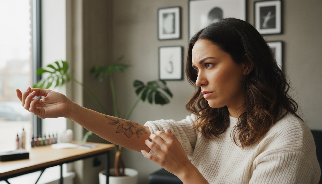 Woman examining her forearm while considering tattoo placement
