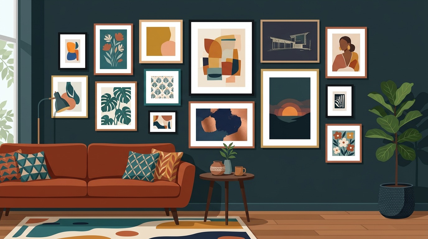 A beautifully arranged gallery wall with mixed frame sizes in a bright living room