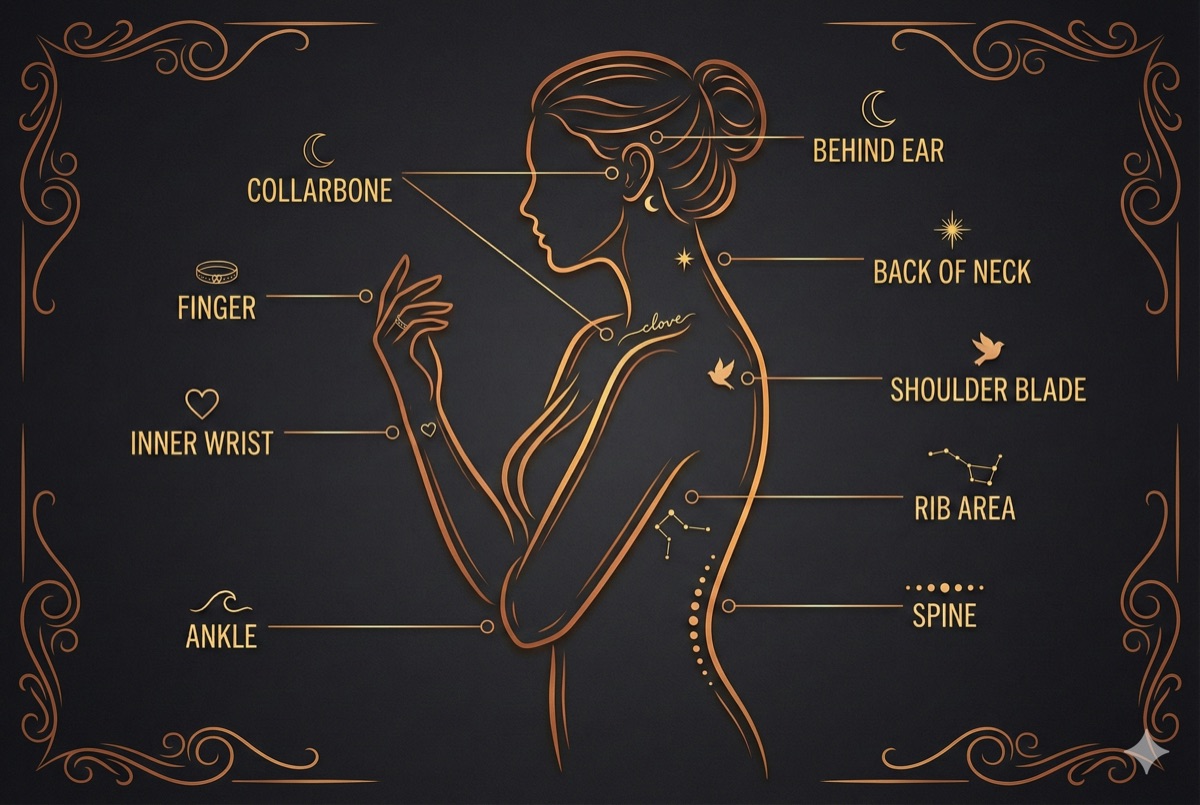 Tattoo placement guide showing ideal locations on female body silhouette