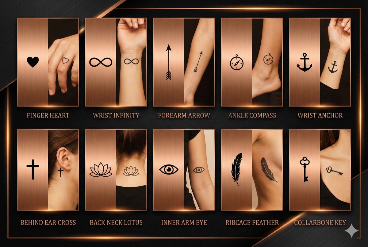 Minimalist symbol tattoo designs - heart, infinity, arrow, compass, anchor