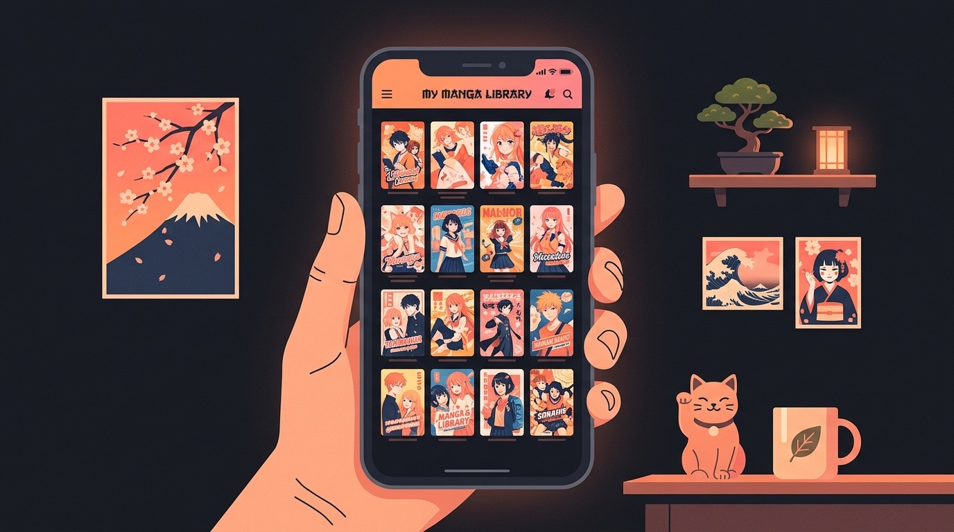 Smartphone displaying a colorful manga library with organized series