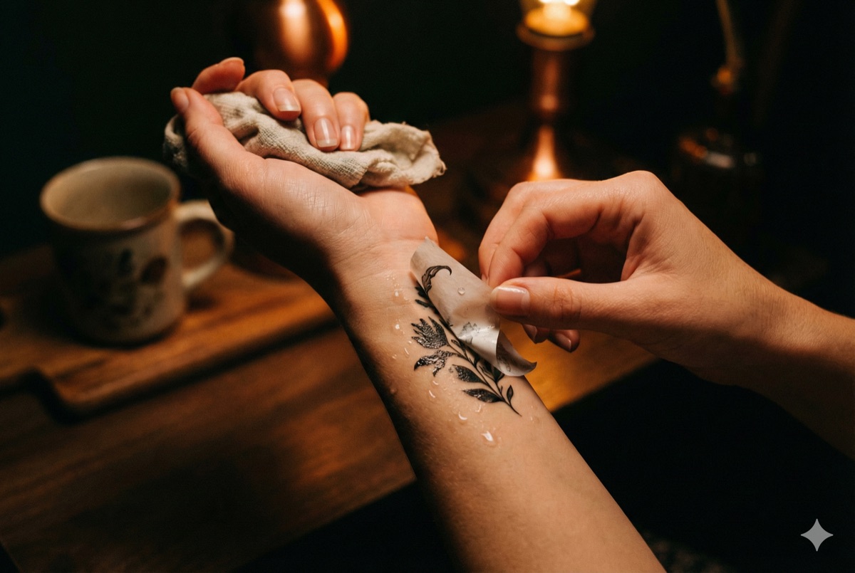 Applying a temporary tattoo transfer to wrist