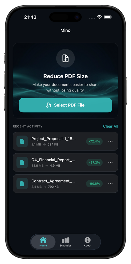 Mino PDF compressor home screen showing recent compression results