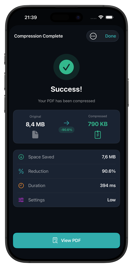 Mino showing 90% PDF compression result with before and after sizes