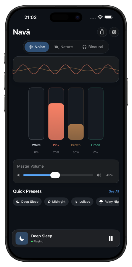 Nava colored noise mixer with pink noise and volume controls