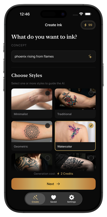 Negink showing tattoo concept input and style selection