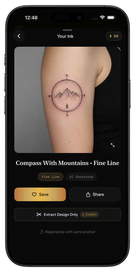 Negink showing a generated tattoo design previewed on body