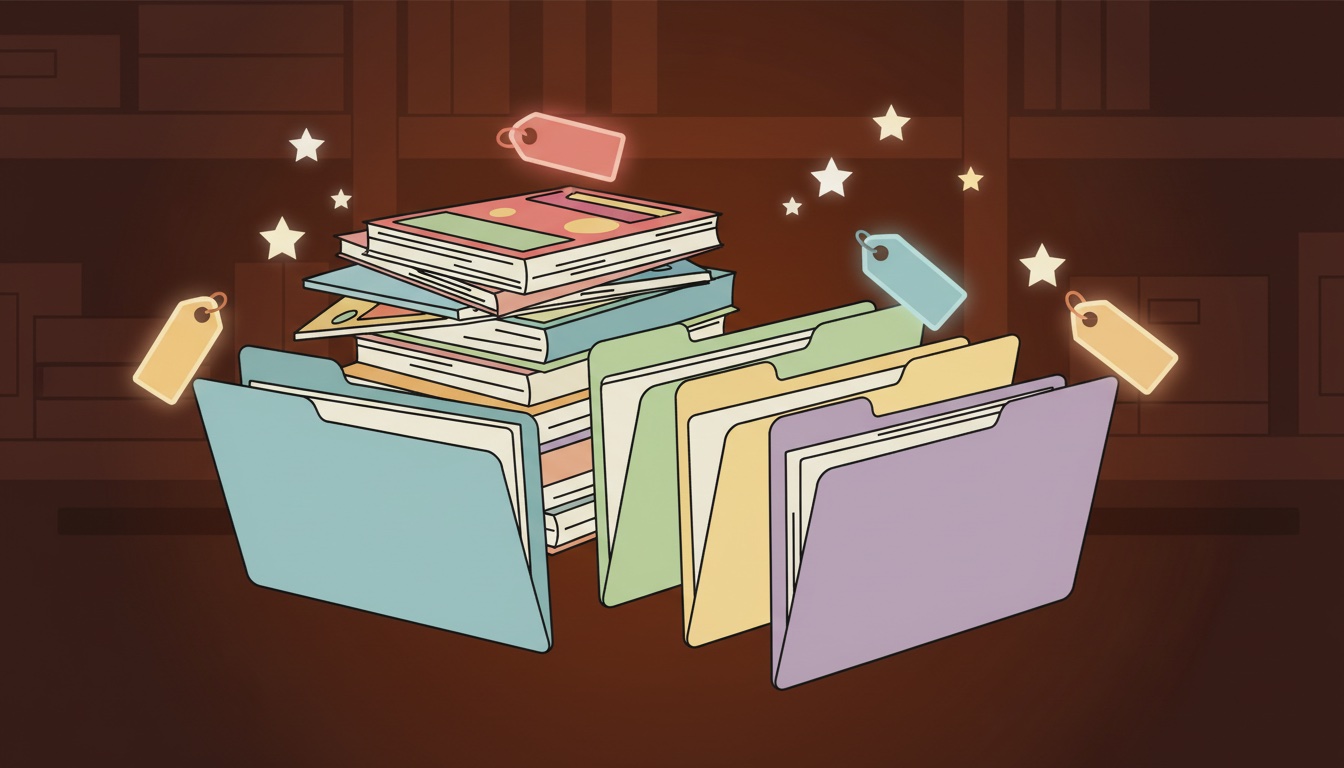 Comic books sorted into labeled collections with tags and ratings