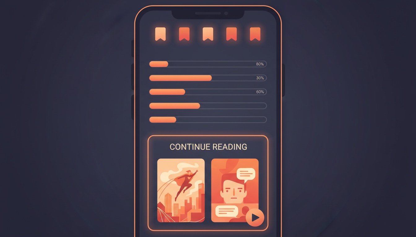 Reading progress dashboard with continue reading cards and completion tracking