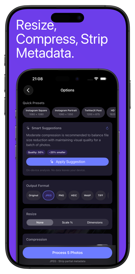 PhotoStrip options screen showing batch processing controls