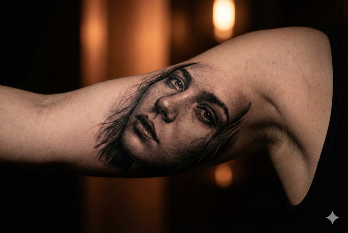 Realism tattoo example - photorealistic black and grey portrait