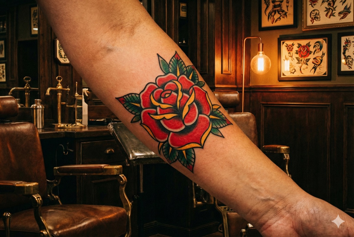 Traditional American tattoo example - classic rose with bold outlines