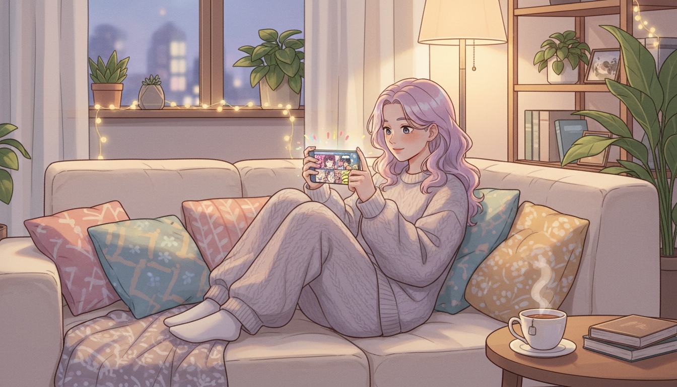 Person relaxing on a couch reading a webtoon on their phone